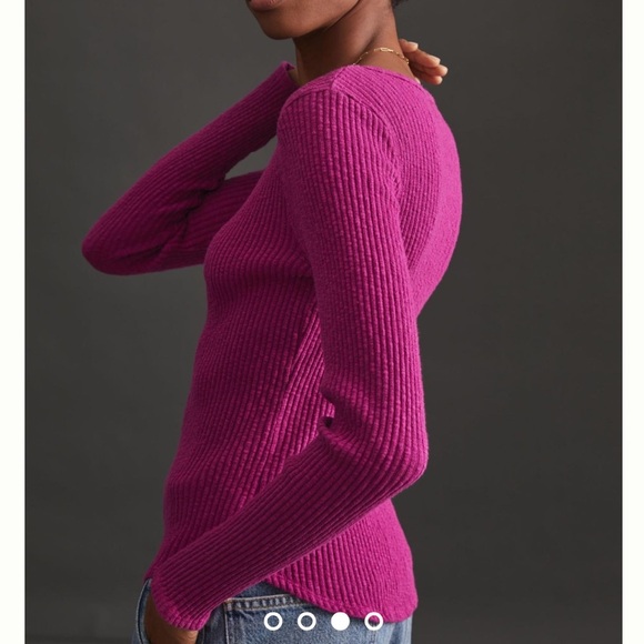 Y2K Anthropologie T.La Cinched V-Neck Top Magenta Pink Textured Ribbed Knit M - Picture 3 of 10